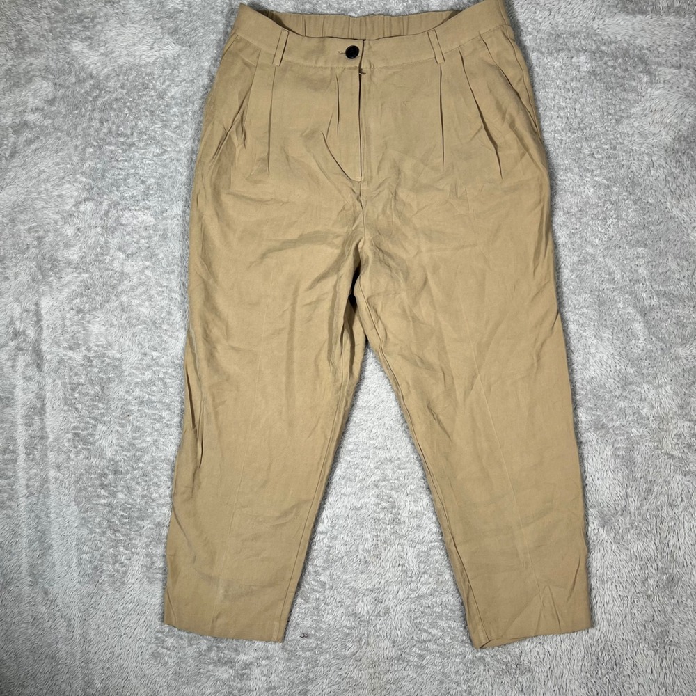 HM Tan Pleated Ankle Trousers Womens 14 Khaki High Waist Tapered Dress Pants
